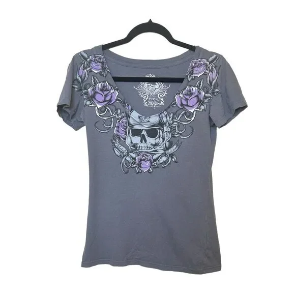 Grunge METAL MULISHA Shirt Womens Small Gray Purple Skull Y2K Goth Distressed 90 - Picture 1 of 7